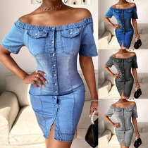 Sexy Off-shoulder Boat Neck Short Sleeve Single-breasted Slim Fit Denim Dress