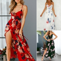 Sexy Backless V-neck Slit Hem High Waist Printed Sling Dress