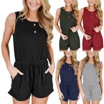 Fashion Solid Color Sleeveless Round Neck Drawstring Waist Romper