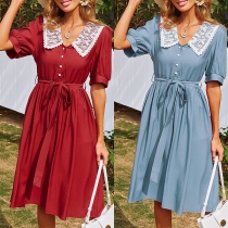 Sweet Style Lace Spliced Doll Collar Short Sleeve Elastic Waist Dress