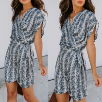 Sexy V-neck Dolman Sleeve High Waist Serpentine Printed Dress