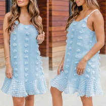 Sexy Backless Ruffle Hem 3D Flower Spliced Solid Color Sling Dress