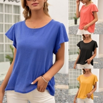 Sexy Bow-knot Backless Lotus Sleeve Round Neck Solid Color T-shirt