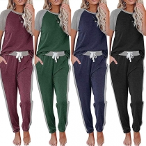 Fashion Contrast Color Short Sleeve Round Neck T-shirt + Pants Two-piece Set