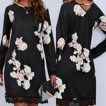 Fashion Long Sleeve Round Neck Lace Spliced Hem Printed Dress