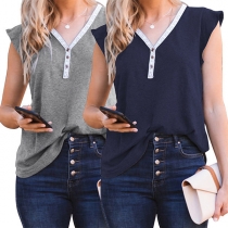 Fashion Contrast Color V-neck Lotus Sleeve T-shirt
