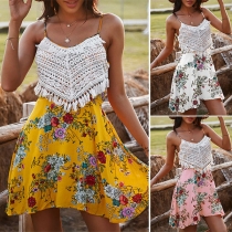 Bohemian Style Backless V-neck Tassel Spliced Printed Sling Dress