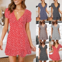 Sexy V-neck Short Sleeve High Waist Printed Dress