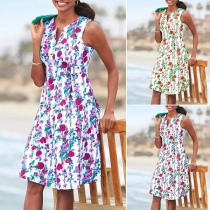 Fresh Style Sleeveless V-neck High Waist Printed Dress