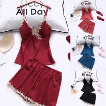 Sexy Backless V-neck Lace Spliced Sling Top + Shorts Nightwear Set