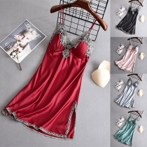 Sexy Backless V-neck Slit Hem Lace Spliced Sling Nightwear Dress
