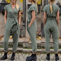 Sexy V-neck Short Sleeve High Waist Solid Color Jumpsuit