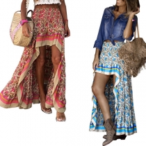 Bohemian Style High Waist Irregular High-low Hem Printed Skirt