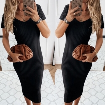 Fashion Solid Color Short Sleeve V-neck Slit Hem Slim Fit Dress for Daily Wear
