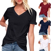Fashion Solid Color Short Sleeve V-neck Twisted Hem T-shirt