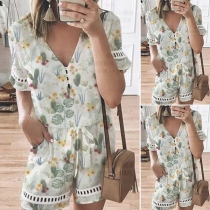 Casual Style Short Sleeve V-neck Drawstring Waist Printed Romper