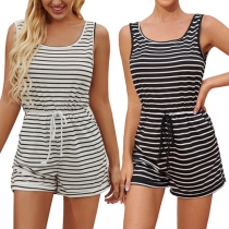 Simple Style Sleeveless Round Neck High Waist Striped Romper