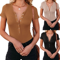 Simple Style Short Sleeve V-neck Solid Color Slim Fit T-shirt