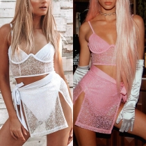 Sexy Backless V-neck Sling Crop Top + Slit Hem Skirt Two-piece Set