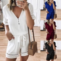 Fashion Solid Color Short Sleeve V-neck Lace-up Drawstring Waist Romper