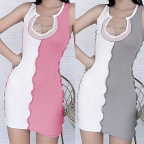 Sexy Hollow Out Sleeveless Round Neck Contrast Color Bodycon Tight Dress