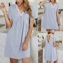 Sexy Backless V-neck Short Sleeve Lace Spliced Dress