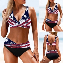 Sexig hög midja bikiniset med amerikansk flaggtryck och snörning