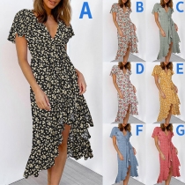 Fresh Style Short Sleeve V-neck Irregular Ruffle Hem Printed Dress