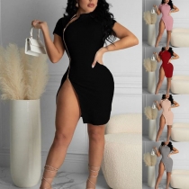 Sexy Side-zipper Slit Hem Short Sleeve Solid Color Slim Fit Dress
