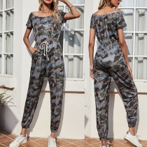 Fashion Camouflage Printed Short Sleeve Round Neck High Waist Jumpsuit
