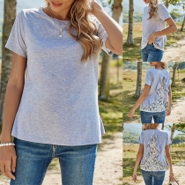Fashion Short Sleeve Round Neck Lace Spliced Ruffle T-shirt