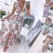 Sexy Deep V-neck Sleeveless Slit Hem High Waist Printed Dress