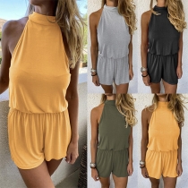 Sexy Backless Off-shoulder High Waist Solid Color Halter Romper