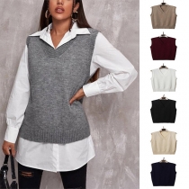 Simple Style Sleeveless V-neck Solid Color Knit Vest
