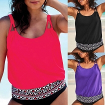 Fashion Printed Spliced Hem Sling Top + High Waist Briefs Swimsuit Set