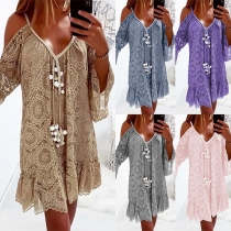 Sexy Off-shoulder Trumpet Sleeve V-neck Ruffle Hem Lace Dress