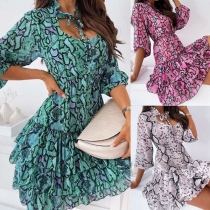 Fresh Style Half Sleeve V-neck Ruffle Hem Printed Dress
