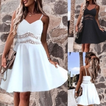 Sexy Backless V-neck Lace Spliced High Waist Solid Color Sling Dress (The size falls small and the length falls short)