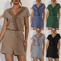 Fashion Lace Spliced V-neck Short Sleeve V-neck High Waist Solid Color Romper