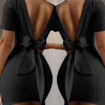 Sexy Bow-knot Backless Short Sleeve Round Neck Solid Color Bodycon Dress