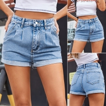 Fashion High Waist Slim Fit Rolled Hem Denim Shorts