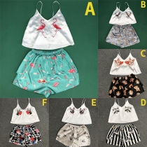 Cute Animal Printed V-neck Sling Top + Shorts Nightwear Two-piece Set