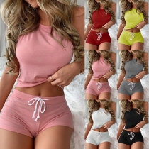 Sports Style Sleeveless Round Neck Tank Top + Shorts Sports Suit