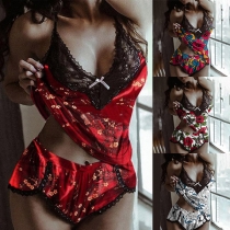 Sexy Backless V-neck Lace Spliced Sling Printed Top + Shorts Nightwear Set