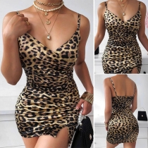 Sexy Backless V-neck Slit Hem Leopard Printed Sling Dress