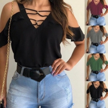 Sexy Off-shoulder Short Sleeve V-neck Solid Color T-shirt
