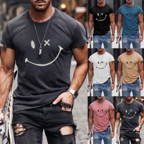 Casual Style kortärmad rundhalsad leende ansikte tryckt mans T-shirt