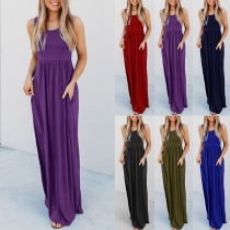 Simple Style Sleeveless Round Neck High Waist Solid Color Maxi Dress