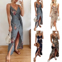 Sexy Backless V-neck Slit Hem High Waist Printed Sling Dress