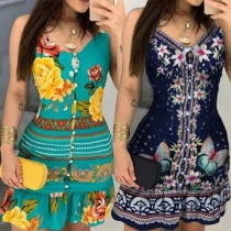 Sexy Backless V-neck Ruffle Hem Slim Fit Sling Printed Dress
